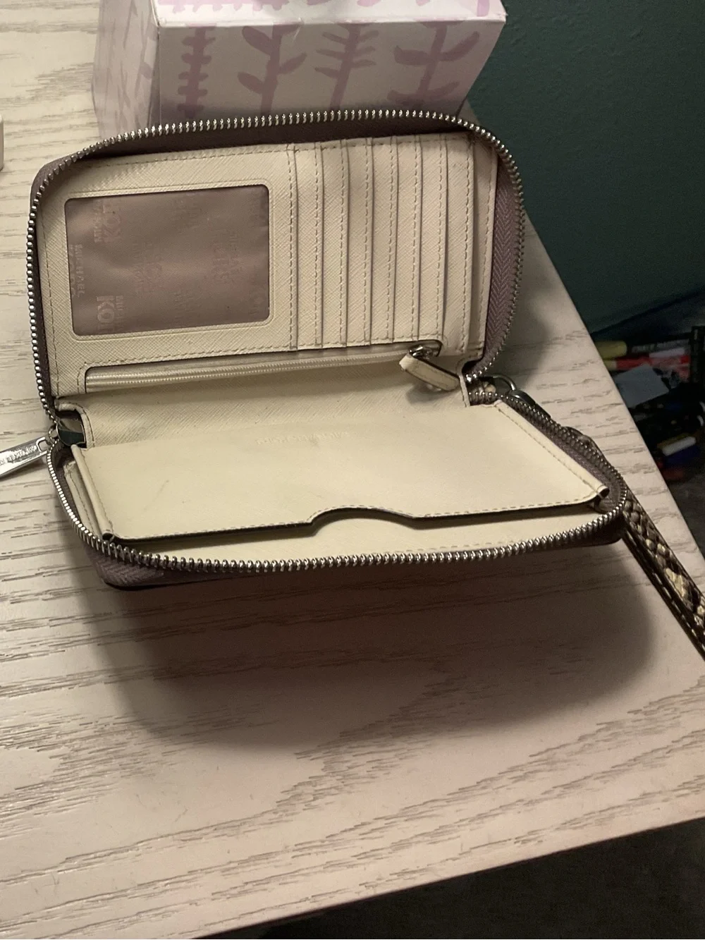 Michael Kors Brown Snake-Print Zip Wallet with Silver Hardware